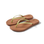 Pair of Cushion Slim women's flip flops facing right, lime green straps and brown cushioned footbed, beach-inspired comfort shoes.