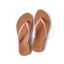 Top view of Cushion Slim women's flip flops with pink straps and brown cushioned footbeds, designed for beach comfort and support.