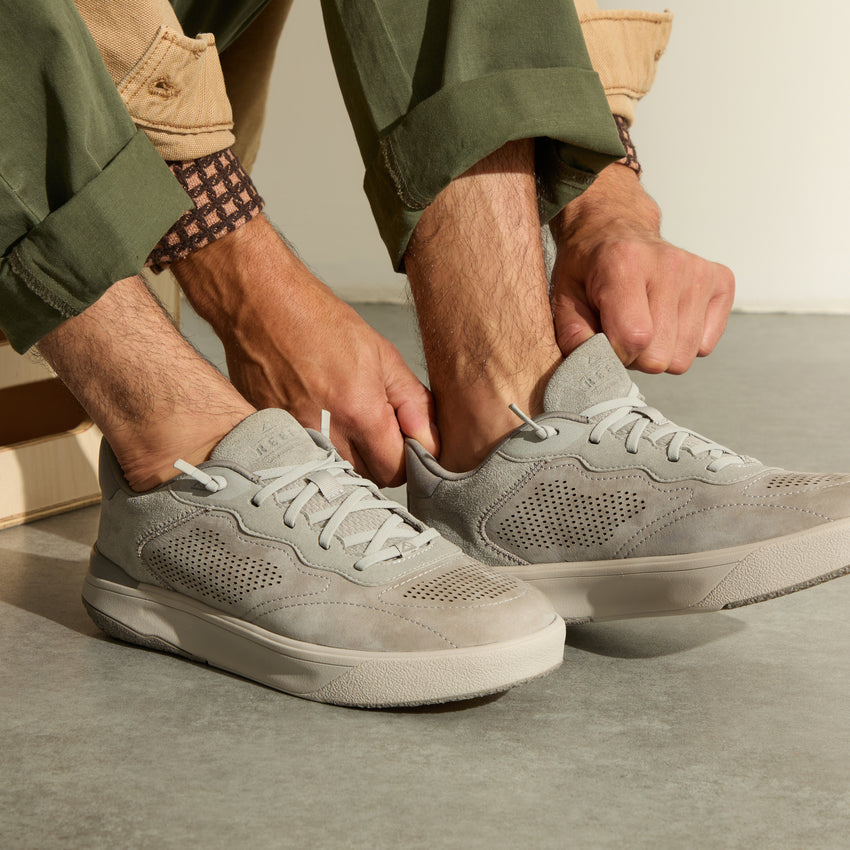 Del Mar Leather grey shoes facing left in a close up view of the full shoes