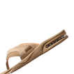Fanning sandal in tan facing left, close-up of heel with anatomical arch support and soft-rebound cushioning