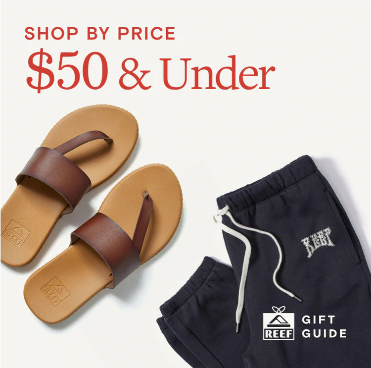 Text says "shop by price, $50 and under", image of womens sandals and joggers