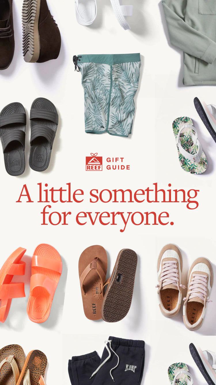 text says "gift guide, a little something for everyone." Image of mix of products shoes and apparel