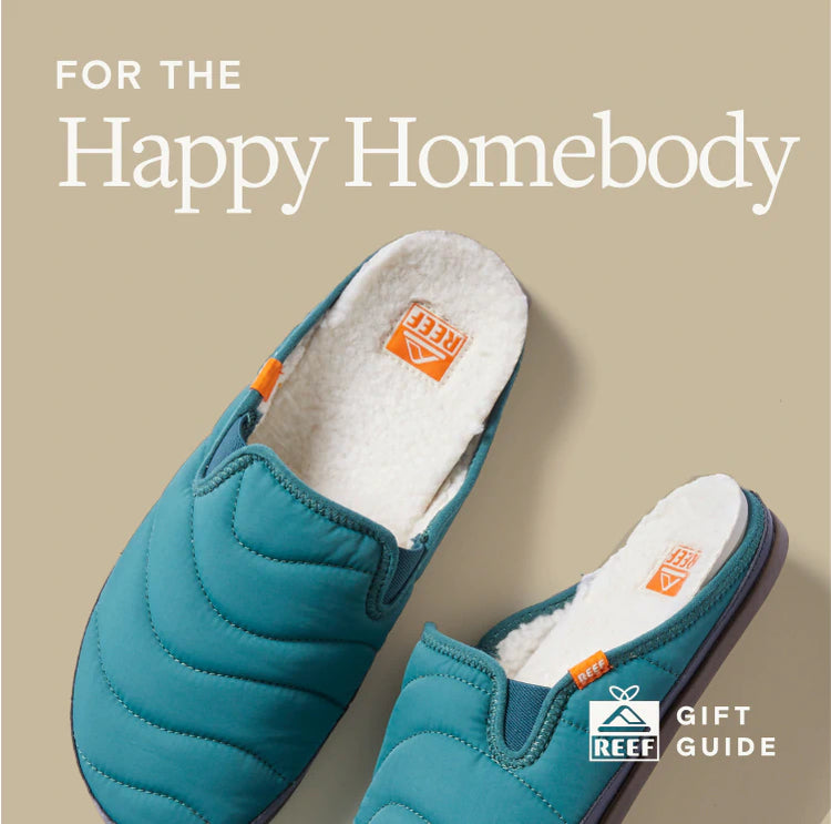 Text Says "For the Happy Homebody, Gift Guide", Image of Men's House Slippers