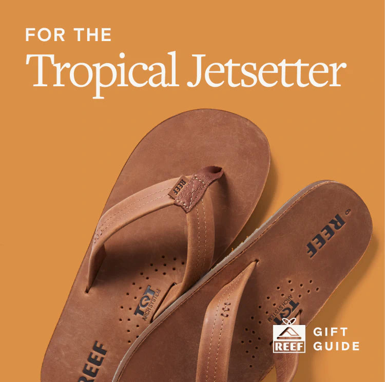 text says "For the tropical jetsetter", image of men's sandals