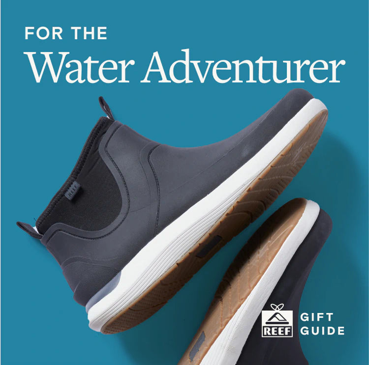 Text says " for the water adventurer", image of mens boots