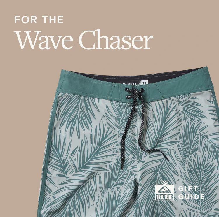 Text says " For the wave chaser", image of men's boardshorts