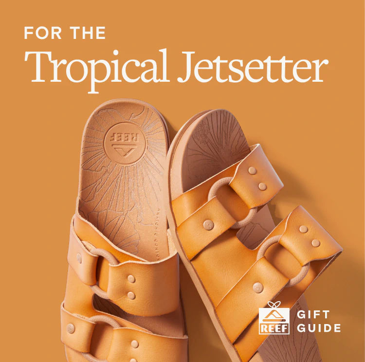 Text Says " For the tropical jetsetter", image of sandals