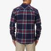 Man wearing Houston Flannel Shirt in navy with red and gray plaid, back view, long sleeves, casual fit for everyday comfort