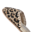 Iryss Slipper close up showing leopard print upper and plush lining with toe facing upper left