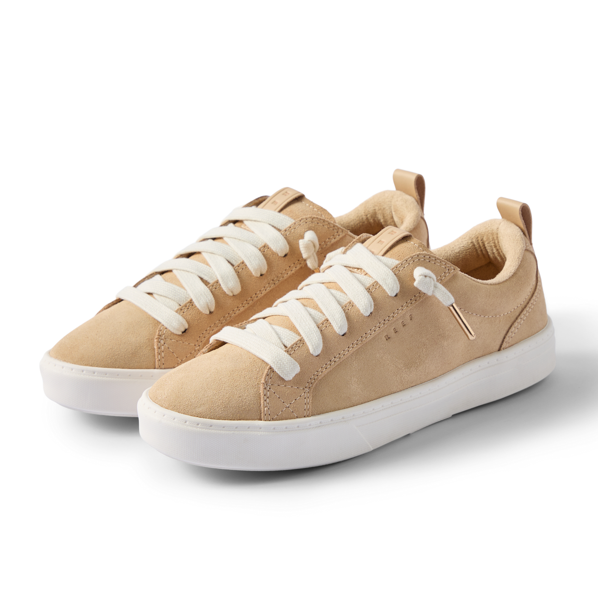 Lay Day Lite tan leather sneakers facing left with cushioned soles and everyday comfort