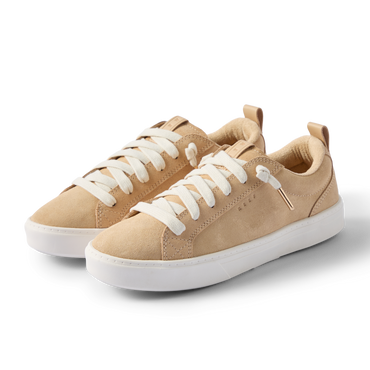 Lay Day Lite tan leather sneakers facing left with cushioned soles and everyday comfort