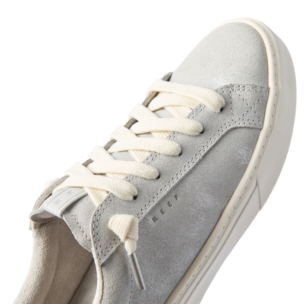 Lay Day Lite gray sneaker facing upper right, close up of laced upper and toe with cushioned comfort sole