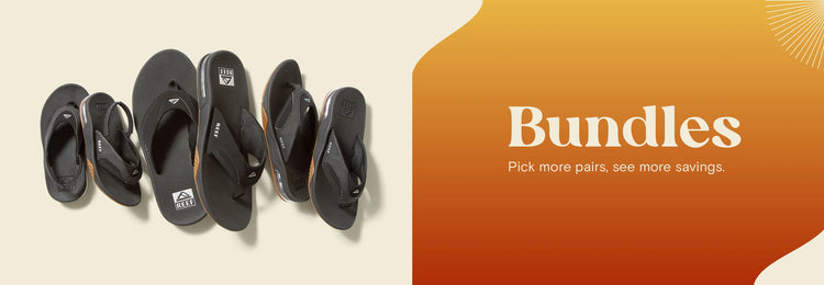 Text reads: "Bundles. Pick more pairs, see more savings." Fanning sandal bundles next to kids Fanning sandals.