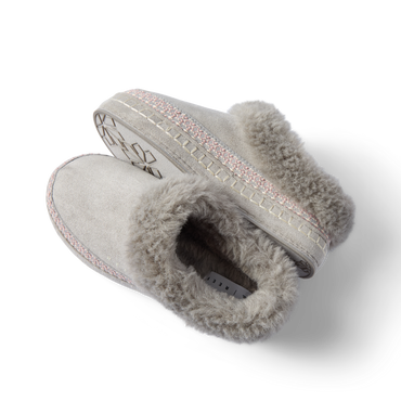 Mikayla gray faux fur slippers facing left with plush collars and cushioned soles