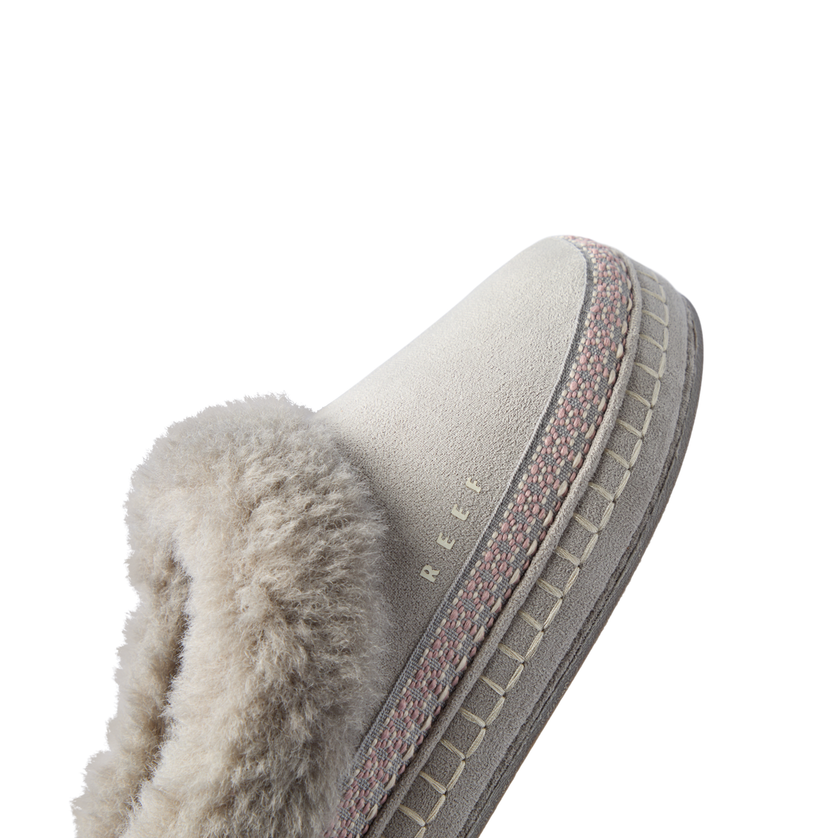 Mikayla grey shoe close up with plush faux fur collar and toe facing right