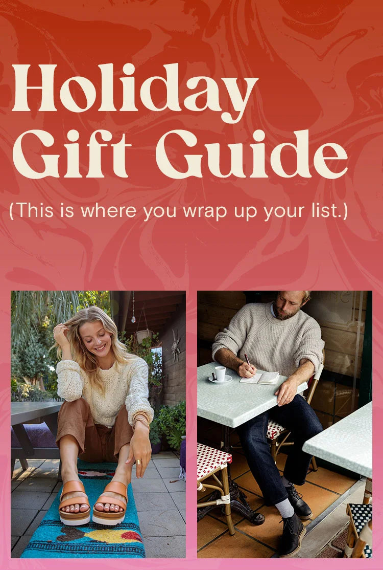 Text reads: "Holiday Gift Guide (This is where you wrap up your list)" Man and woman sitting in a cafe wearing REEF sandals and shoes.