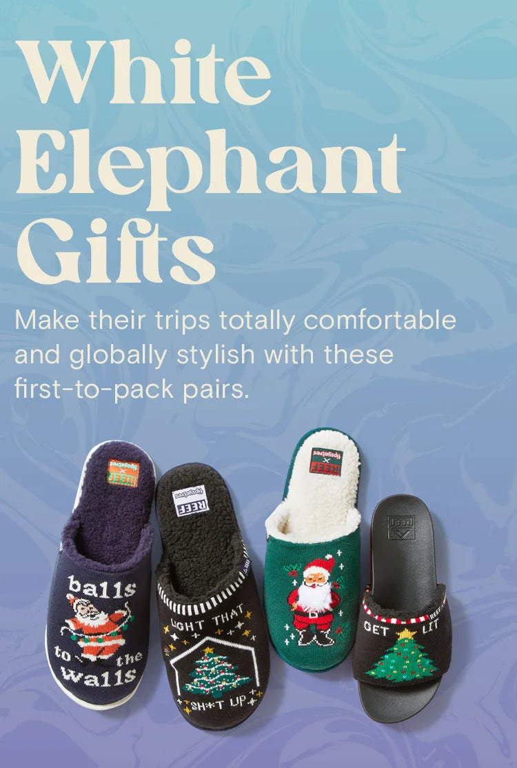 Text reads: "White elephant gifts. Launch a little raunch under the tree, with Tipsy Elves slippers, golf inspired slides and more.