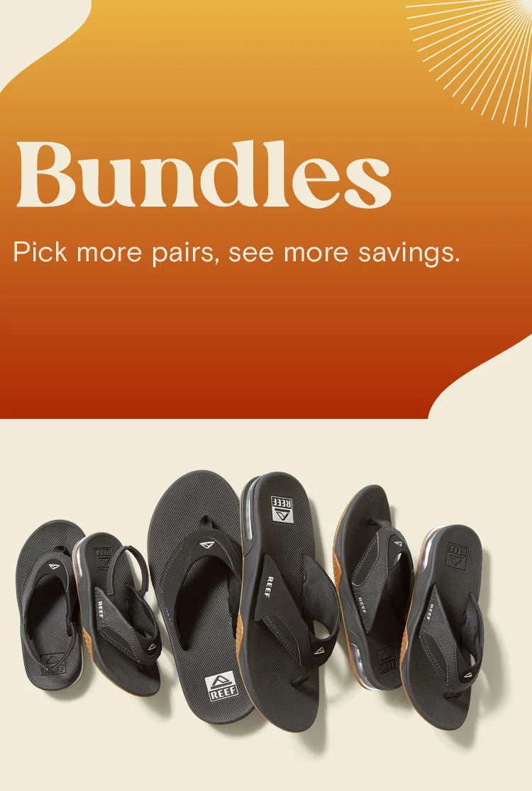 Text reads: "Bundles. Pick more pairs, see more savings." Fanning sandal bundles next to kids Fanning sandals.