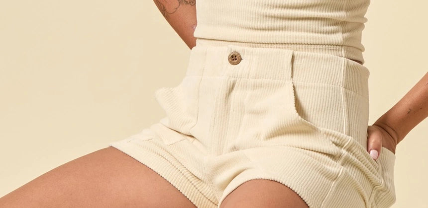 curdoroy womens shorts in light beige and matching shirt close