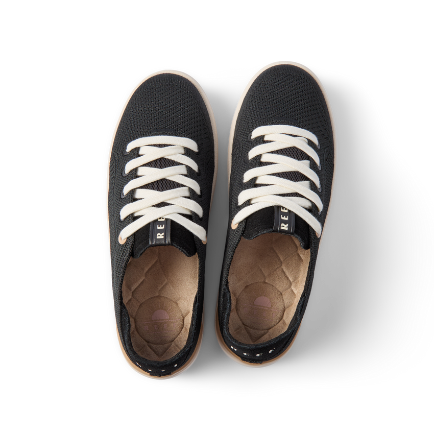 Neptune 2 black sneakers viewed from above, toes facing upward, with cushioned footbeds and arch support