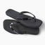 Solaye black water friendly flip flops facing right with sleek jelly straps and cushioned footbeds