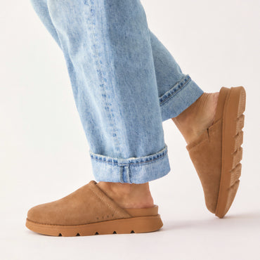 Vista Luxe Mariana facing right, women's brown suede clog mule with cushioned footbed and lightweight flexible sole for all-day comfort.