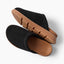 Vista Luxe Mariana black suede clogs facing left with textured soles and cushioned footbeds