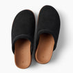 Vista Luxe Mariana black suede clogs viewed from above with toes facing upward