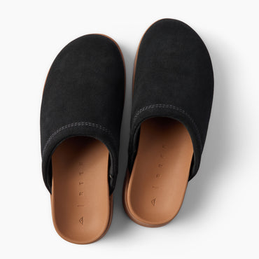 Vista Luxe Mariana black suede clogs viewed from above with toes facing upward