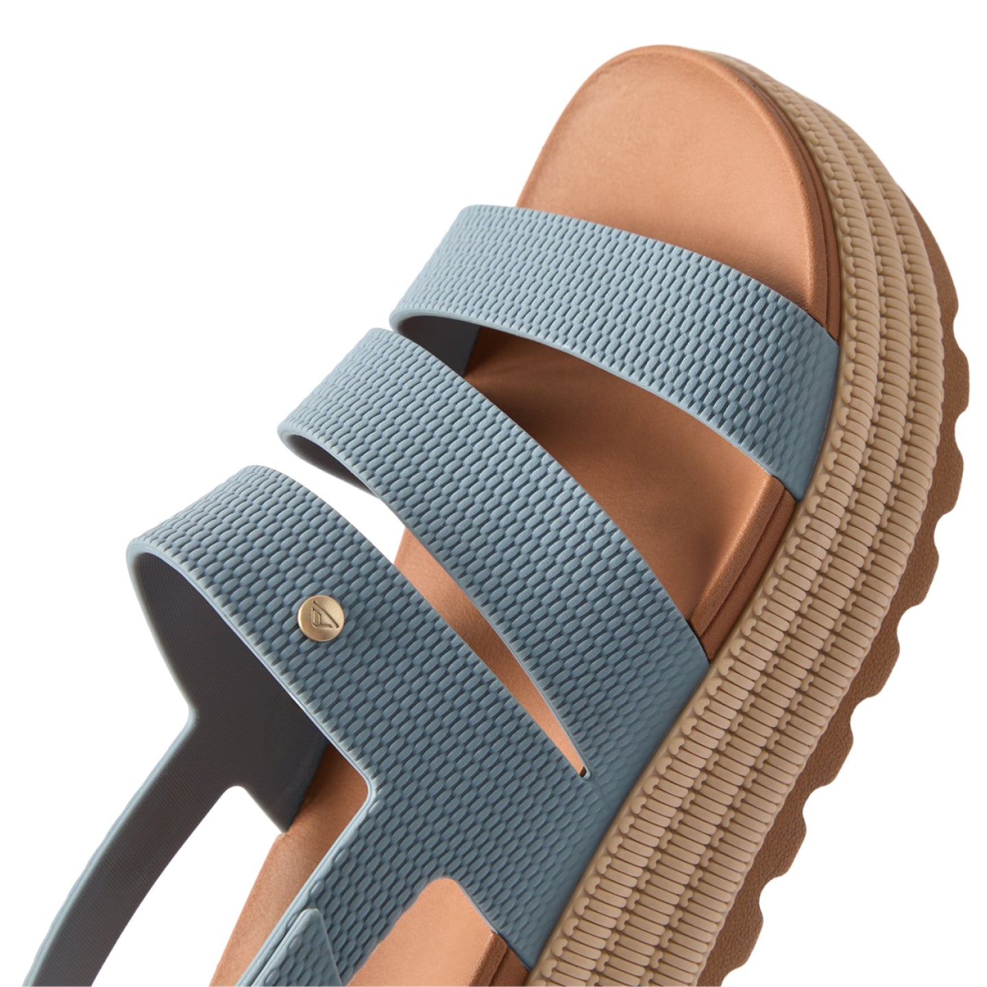 Close-up of the top and side of a blue Water Vista Higher 2 sandal facing left with extra cushioning and arch support.