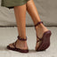 Willow Quinn sandal rear and sole view facing back, featuring burgundy straps and cushioned platform with arch support for comfort