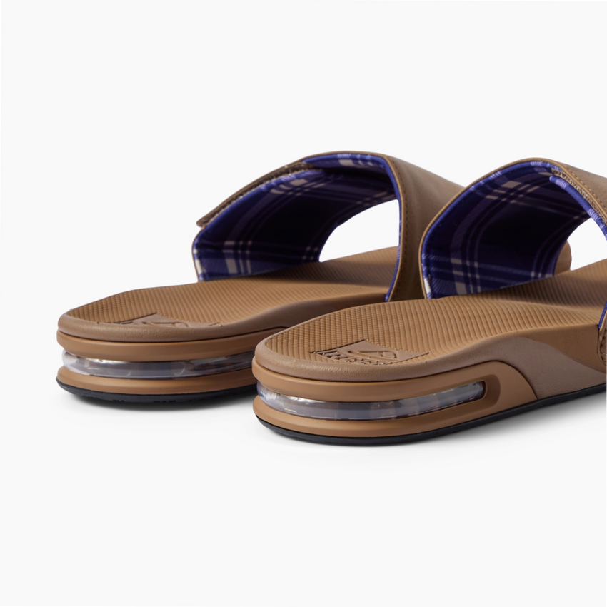 Fanning Slide men's brown slides facing left with cushioned footbeds and plaid straps