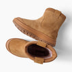 Tan ankle boots facing left, shown from side and above with ribbed collars and rugged textured soles