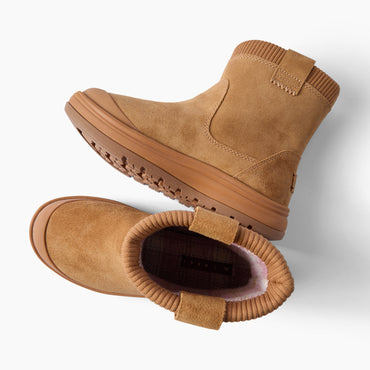 Tan ankle boots facing left, shown from side and above with ribbed collars and rugged textured soles