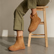 Person wearing tan ankle boots, both facing left, with one boot lifted beside a wooden stool.