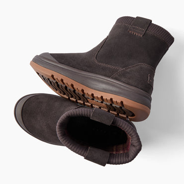 Pair of dark brown ankle boots facing left with rugged soles and cushioned collar openings visible