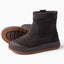 Black ankle boots facing left, with one upright and the other showing its textured sole