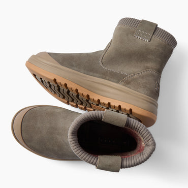Pair of brown ankle boots with toes facing left, shown from side and top views with rugged traction soles