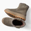 Pair of brown ankle boots with toes facing left, shown from side and top views with rugged traction soles