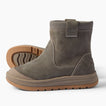 Gray ankle boots facing left with ribbed collars, stitched panels, and tan textured soles