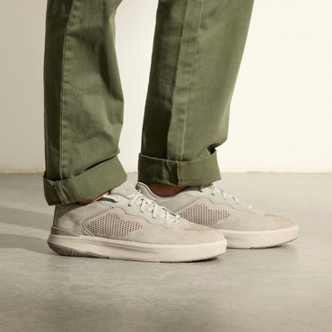Del Mar Leather grey leather sneakers facing right in a comfort focused everyday style
