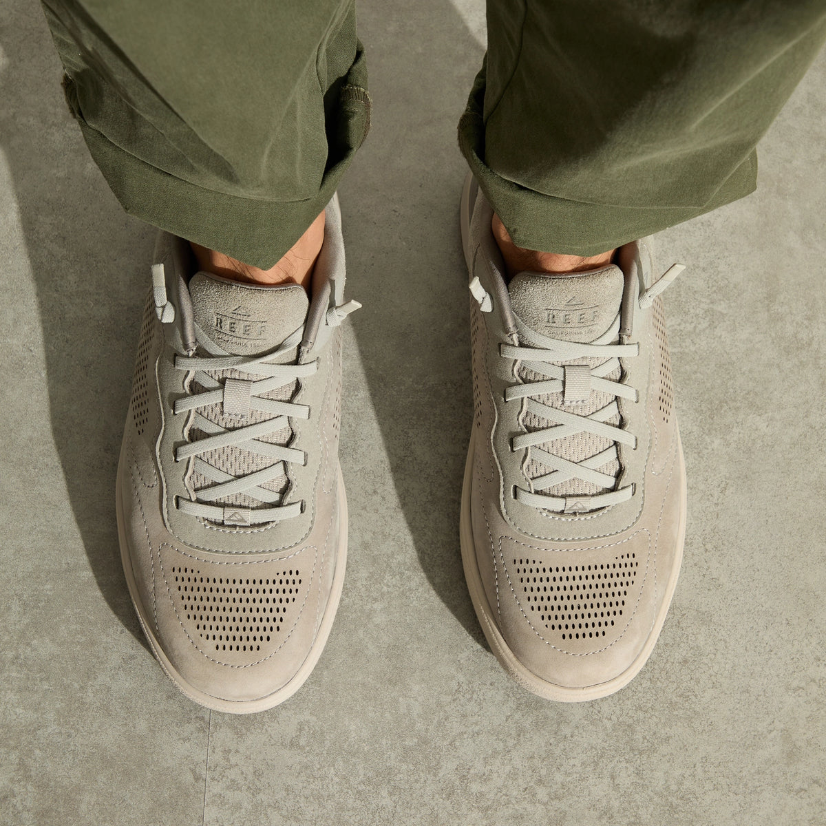 REEF Del Mar Leather grey leather shoes viewed from above facing forward with perforated toes and cushioned comfort