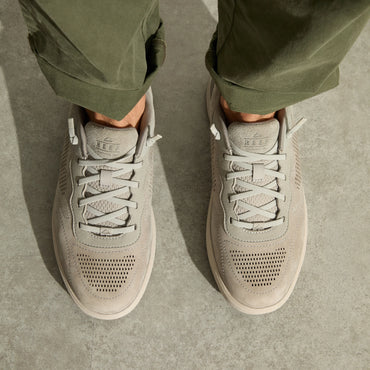 REEF Del Mar Leather grey leather shoes viewed from above facing forward with perforated toes and cushioned comfort