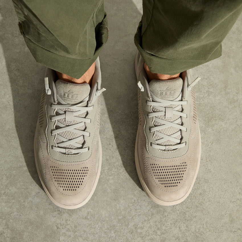 REEF Del Mar Leather grey leather shoes viewed from above facing forward with perforated toes and cushioned comfort