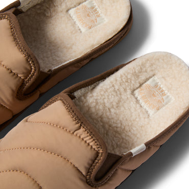 Top view close-up of brown Cushion Homey slippers for men featuring soft shearling lining and padded upper for comfort