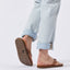 Reef Draftsmen sandals on a man’s feet, showing the sole facing backward with arch support and cushioned footbed.