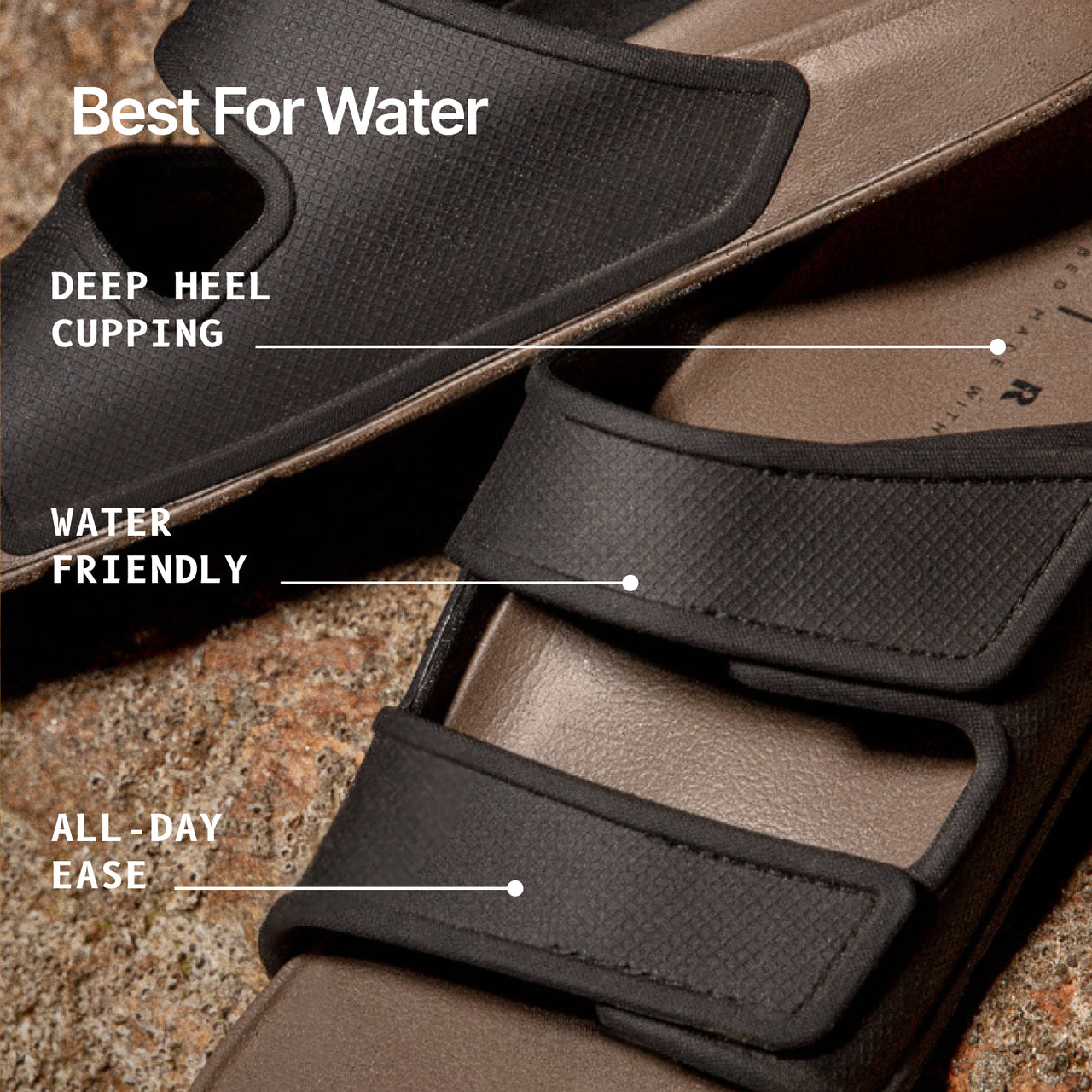 Image of a pair of Brown two-strap men's sandals on a rocky surface, with callouts for "Best For Water", "Deep Heel Cupping" in the footbed, and "Water Friendly" and "All Day Ease" on the straps