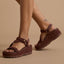 Vista Higher Luna women's brown platform sandals facing left, close-up on footbed and straps, beach-inspired comfort.