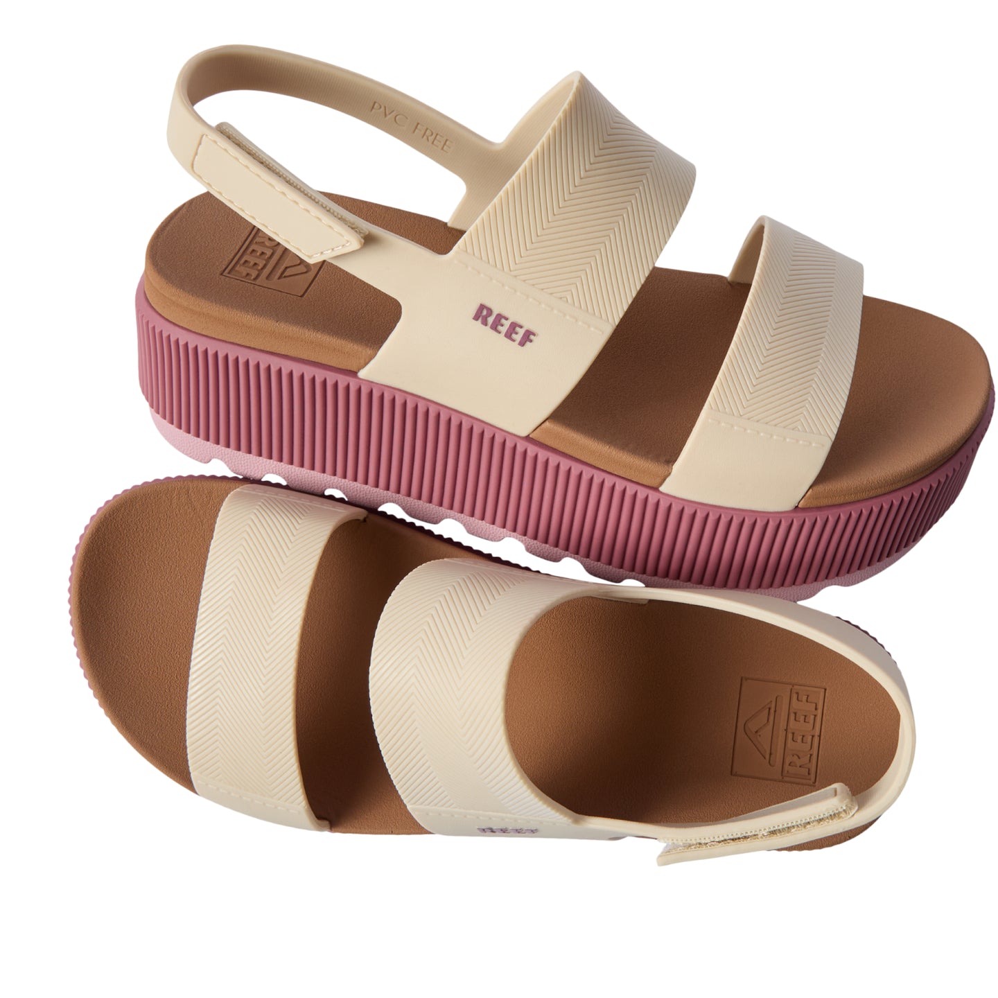 Pair of Water Vista Higher platform sandals shown from side and top, beige with pink sole, water friendly and adjustable straps