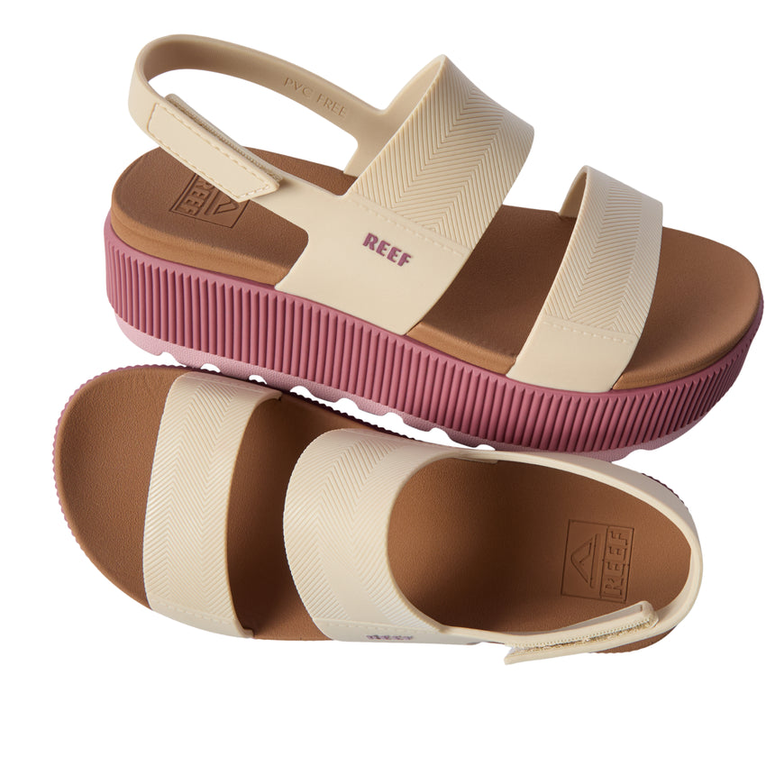 Pair of Water Vista Higher platform sandals shown from side and top, beige with pink sole, water friendly and adjustable straps